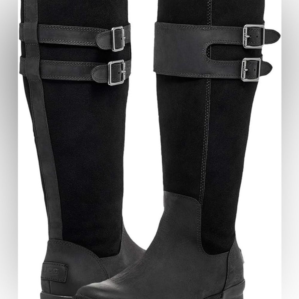 UGG Zarina Waterproof Leather and Suede Knee-High Black Riding Boots NEW - Picture 2 of 7
